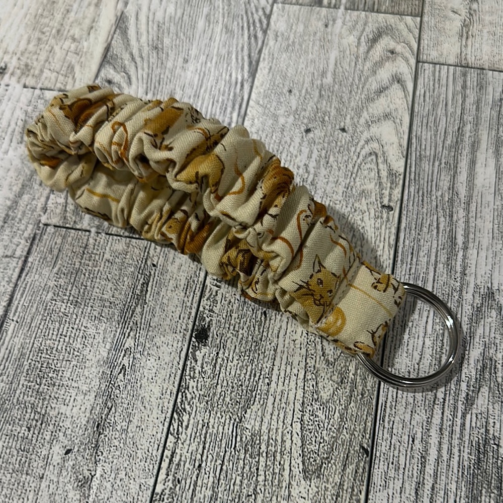 Cat print Cream and Brown Fabric Key Holder with Ruched Design